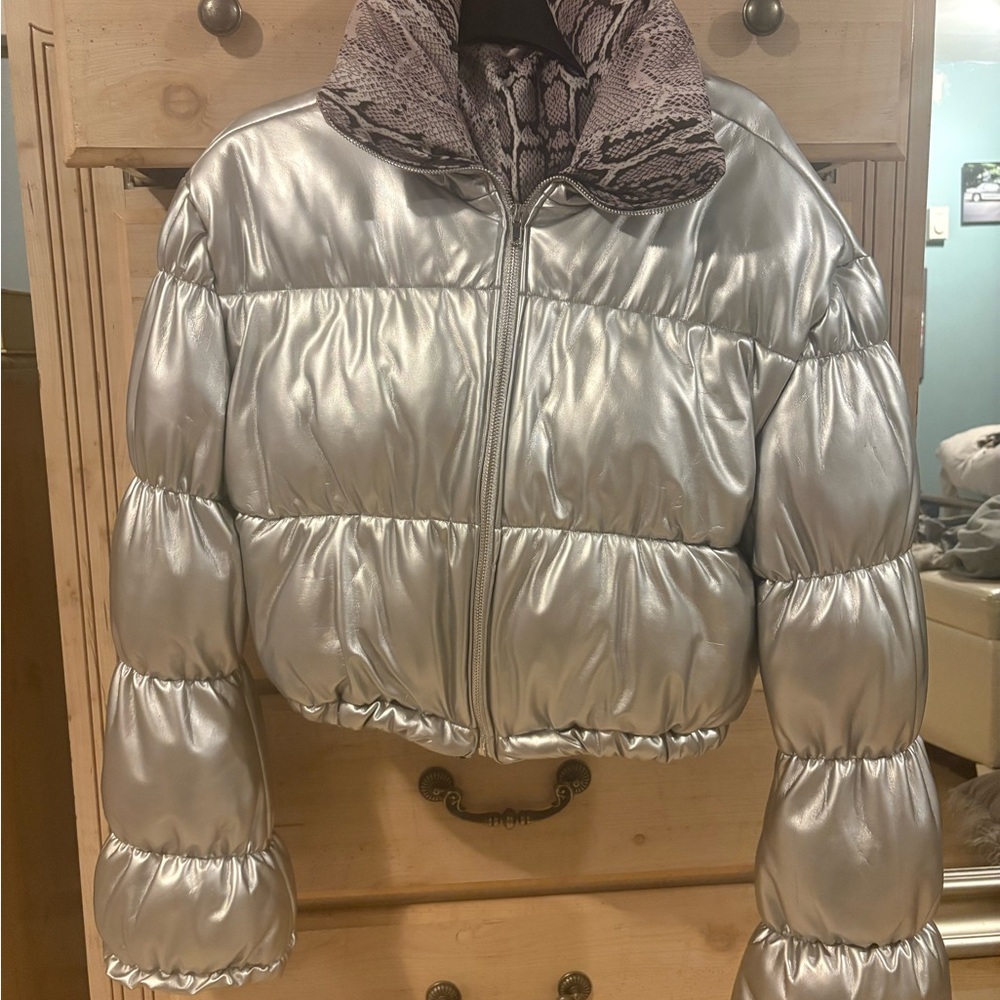 Gorgeous Custom Silver and snake skin reversible Puffer Jacket